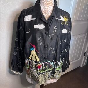 Vintage black Silk Embroidered Jacket with Colorful Design, Bleu Bayou, artsy